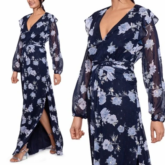Betsy & AdamFloral Chiffon Ruffle V-NeckMaxi Dress size 8